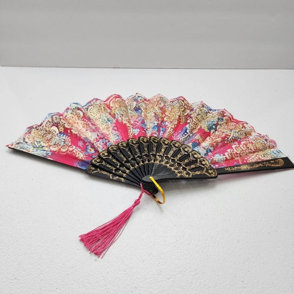 Vintage Japanese Flora Handheld Fan 2 Piece BLUE AND PINK